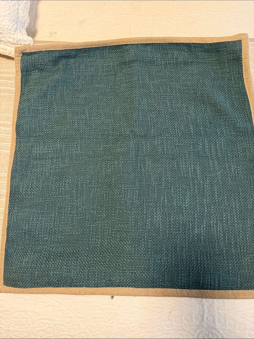 TWO, 20”, Pottery Barn Blue Woven pillow covers with tan edge.